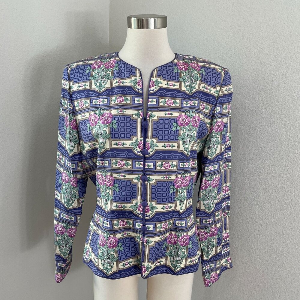 Vintage Adrianna Papell Womens 12 100%‎ Silk Floral Geometric Button Up Jacket